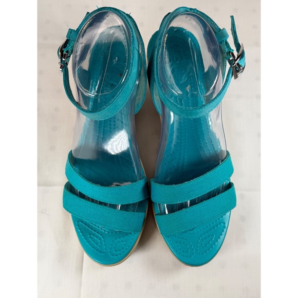 Crocs Leigh II Ankle Strap Wedge Sandals Turquoise Blue Canvas Womens Size 9 - Picture 2 of 7